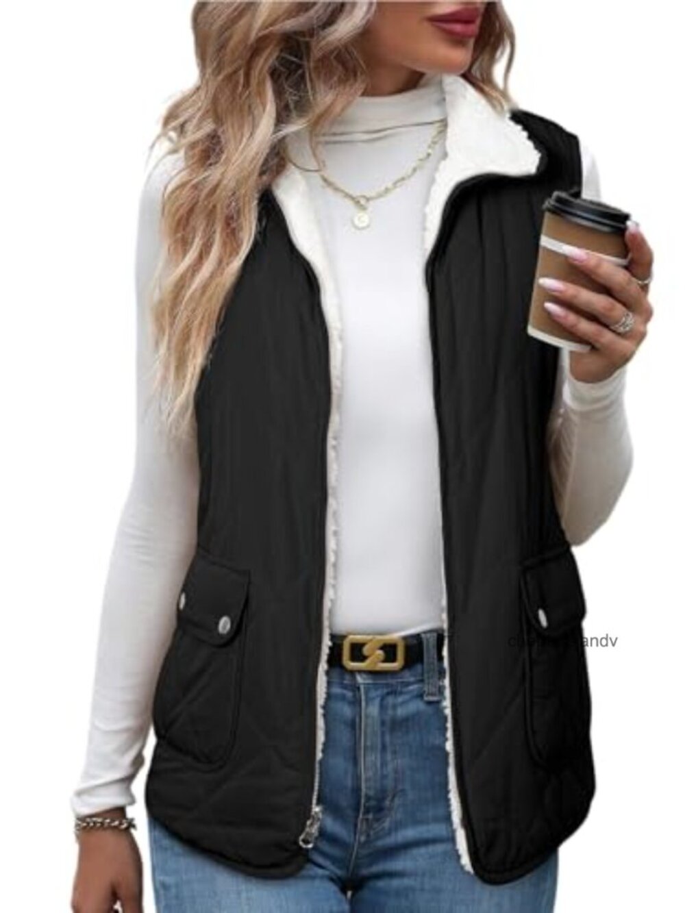 SHEWIN Women Puffer Vest Sleeveless Reversible Sherpa Fleece Zip Up